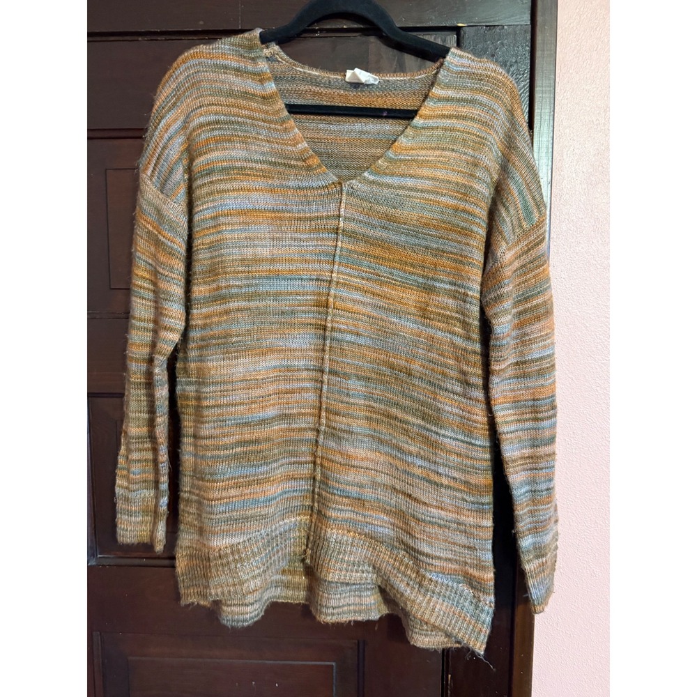 ana a new approach Space Dye V-Neck Sweater Earth Tone Striped Knit Small